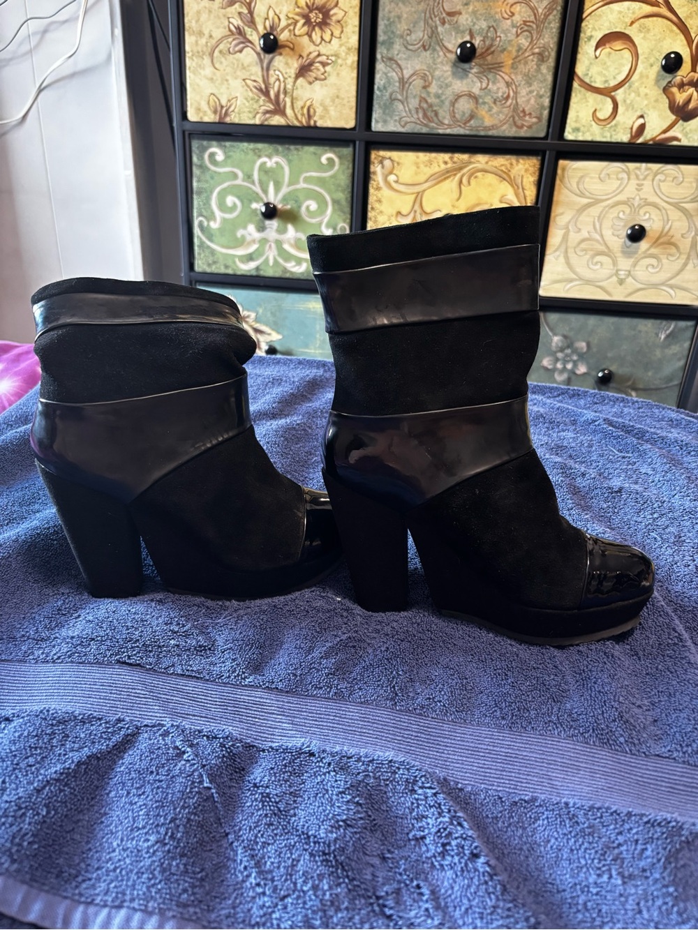 Women’s Black Suede & Patent Leather Block Heel Ankle Boots